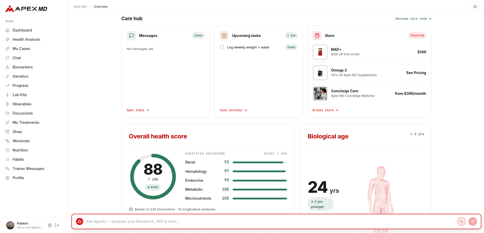 Apex MD telehealth patient dashboard showing an overall health score, biomarker subsystem breakdown, biological age and an AI health assistant