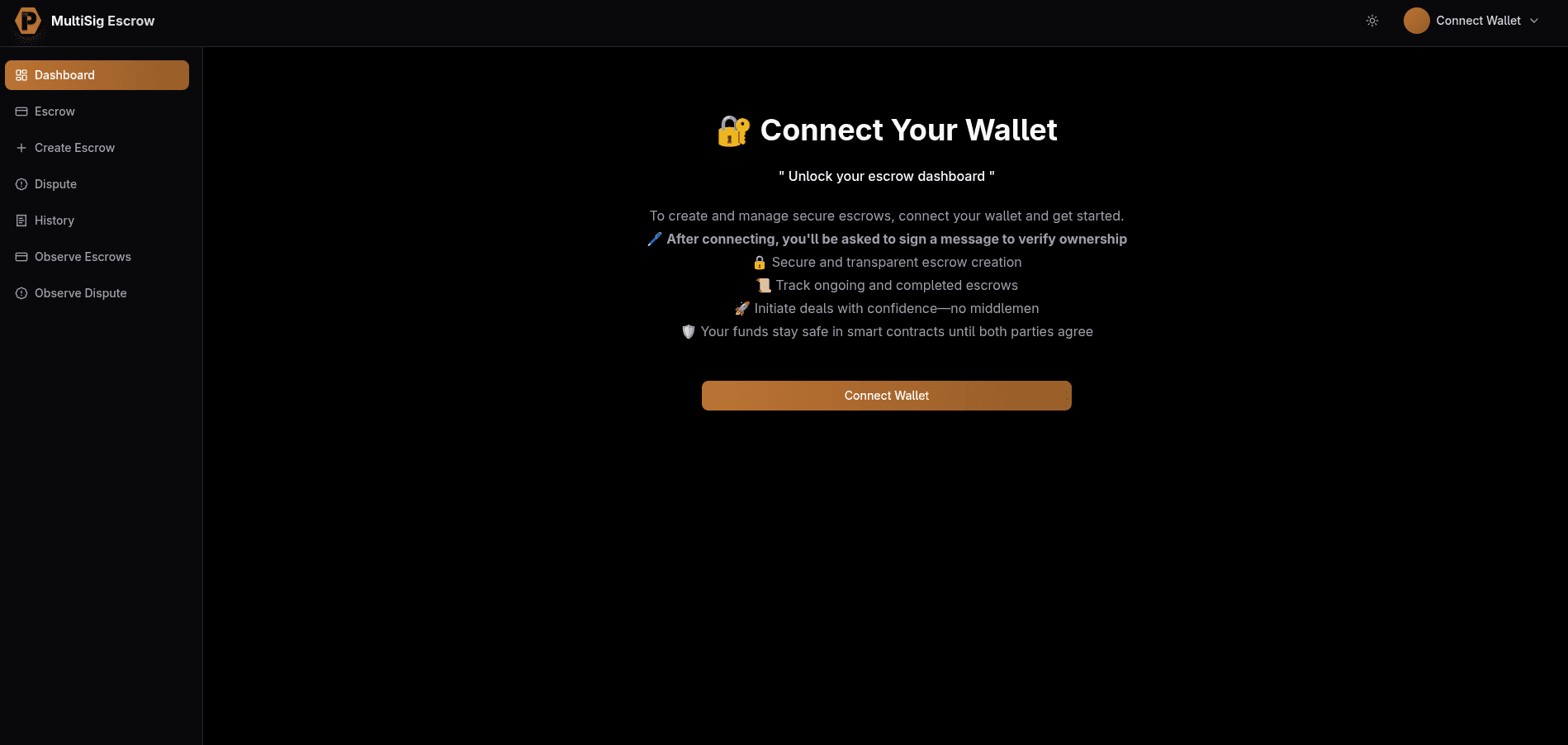 MultiSig Escrow dashboard showing the wallet connection screen for a blockchain escrow application