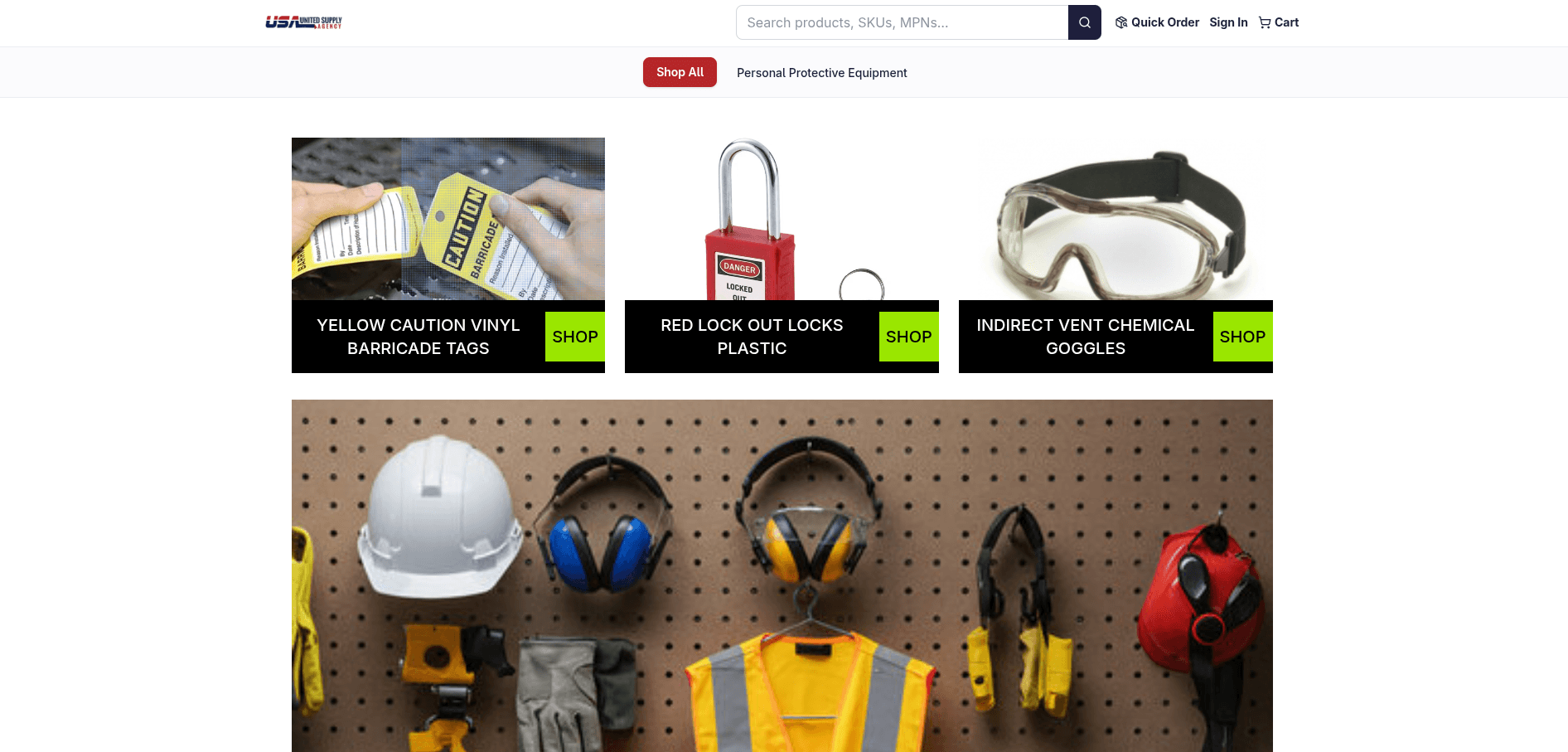 United Supply Agency B2B storefront showing personal protective equipment products with SKU search and quick order