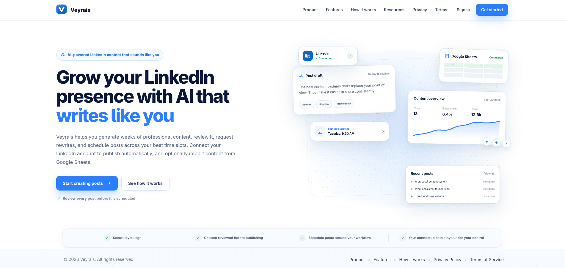 Veyrais AI LinkedIn content platform landing page showing post drafting, scheduling and content analytics